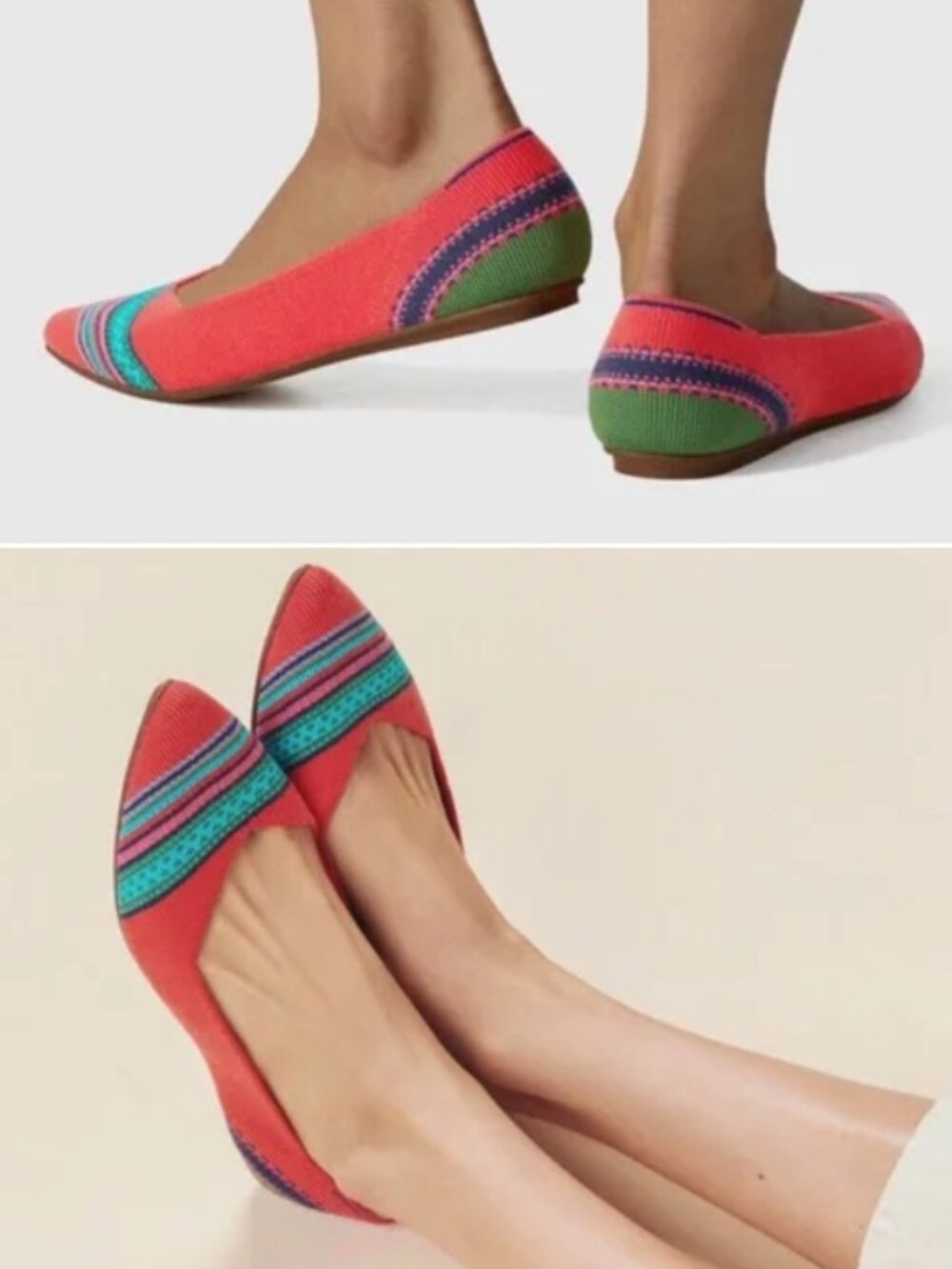 Rothy's Coral Pink Knit Pointed Toe Flats with Turquoise & Green Stripes